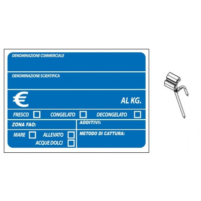 SEGNAPREZZO PVC PESCE BLU CON PATENTE CANCELLABILE 25 PZ CON AGO IN PVC DOPPIA PUNTA STANDARD