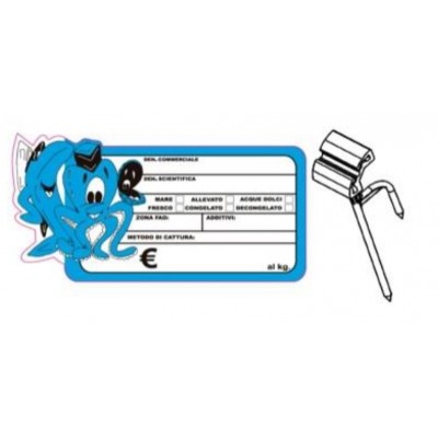 SEGNAPREZZO PVC SAGOMATO PESCE CON PATENTE CANCELLABILE 25 PZ CON AGO IN PVC DOPPIA PUNTA STANDARD