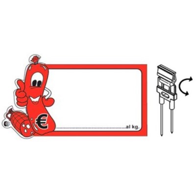 SEGNAPREZZO PVC SAGOMATO SALUMI CANCELLABILE 25 PZ CON AGO PVC CLIP